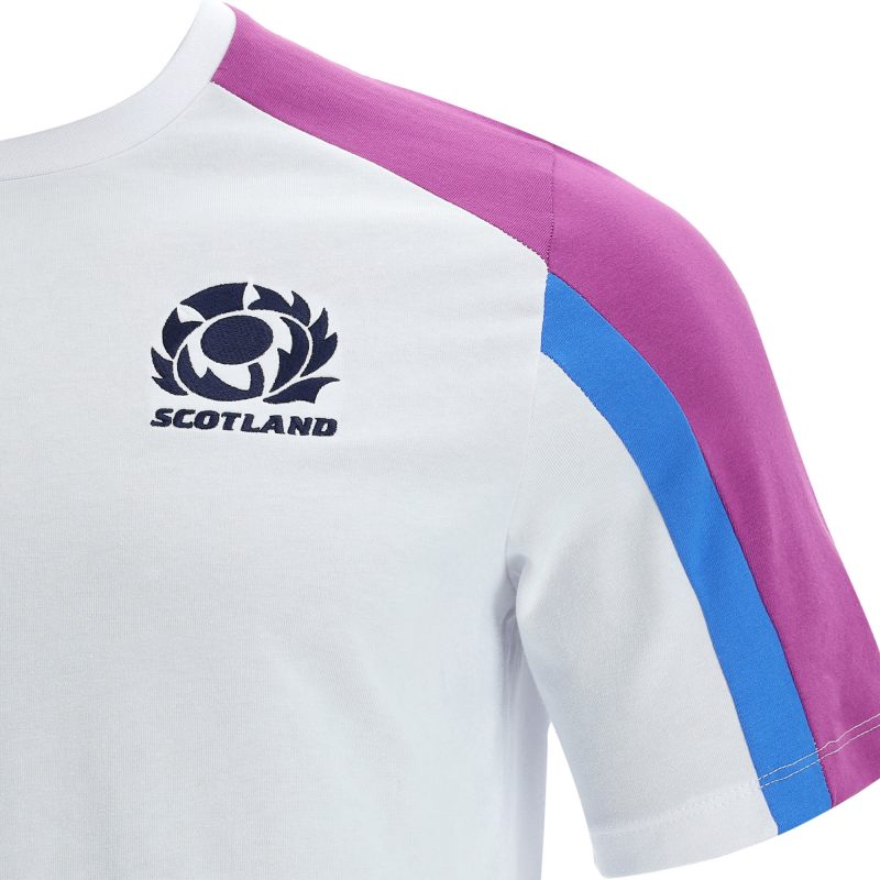 White short sleeve cotton tee with electric blue flashes and purple panels over the sleeves and embroidered Scottish Rugby crest.
