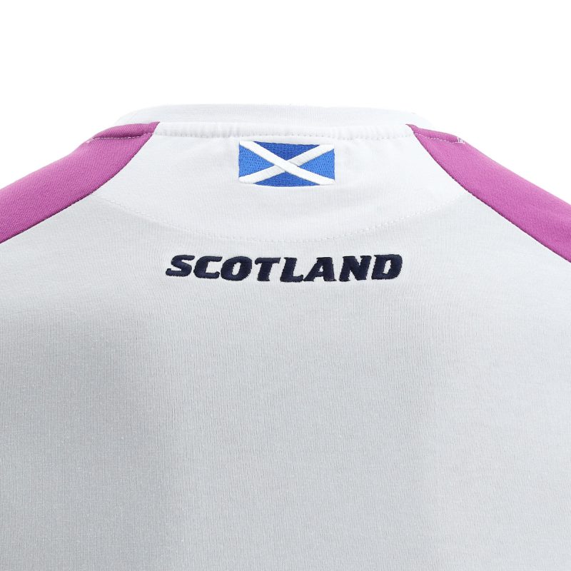 White short sleeve cotton tee with electric blue flashes and purple panels over the sleeves and embroidered Scottish Rugby crest.
