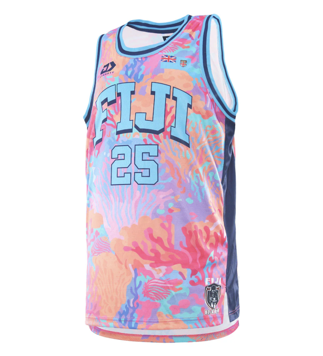 2025 Fiji Bati Mens Basketball Singlet - Coral left 2025 Fiji Bati Mens Basketball Singlet - Coral left